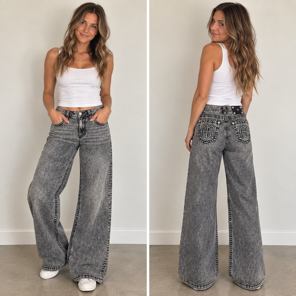 Miss Me High Rise Wide Leg Acid Wash Grey Denim Jeans H9467W3V Size 29 Baggy
